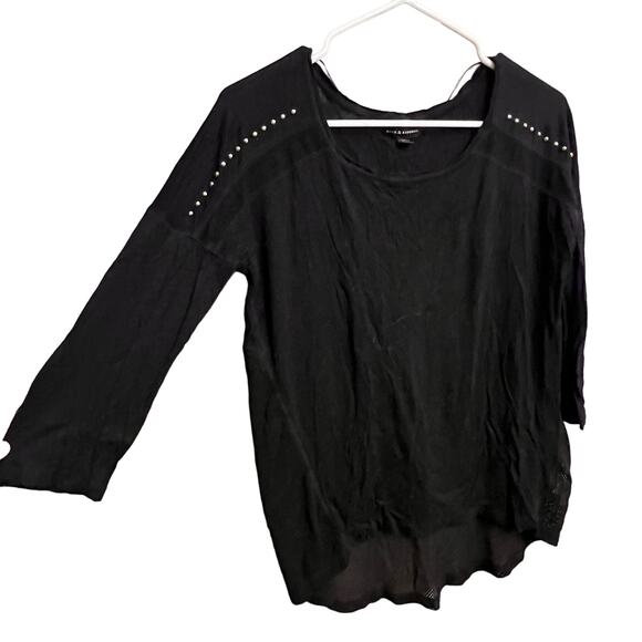 Rock & Republic Long Sleeve Black Shoulder Studded Mesh Blouse Size Medium - Picture 2 of 8
